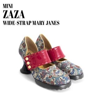 Fluevog LIKE NEW Mini Zaza tapestry heels w/ wide red patent strap- 7 (fits 7.5)